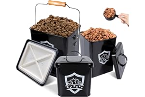 Zvonema 3 Boîtes pour Nourriture et Friandises pour Animaux, Boîte de Rangement pour Aliments avec Couvercle & Pelle, Boîte Croquette Chien & Chat, Conteneur Croquette Animaux, 7L + 2L + 1L, Noir