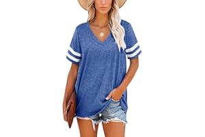 Aokosor Oversized T Shirts for Women V Neck Ladies Striped Sleeve Summer Tops Casual Loose Tee