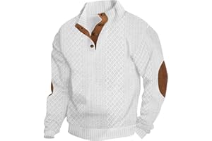 PADOLA Sweat Homme sans Capuche Jacquard Sweatshirts Col à Bouton Pull à Motif Froncé Automne Hiver Hoodie avec Patchés Tricoté Pulls Décontracté Tee Shirt Manches Longues