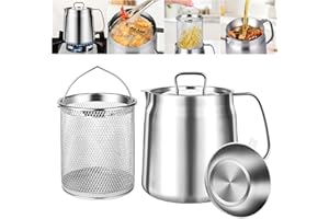 UESJKHOA 2L Stainless Steel Oil Filter Pot with Deep Fryer Basket - Kitchen Oil Strainer and Storage Container for Cooking Grease