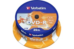 Verbatim DVD-R Wide Inkjet Printable 4.7GB, 25er Pack Spindel, DVD Rohlinge bedruckbar, 16-fache Brenngeschwindigkeit & Hardcoat Scratch Guard, DVD-R Rohlinge printable, DVD leer