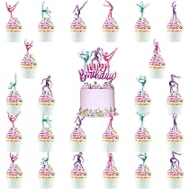 Abaodam 24 Stück Gymnastik-Cupcake-Topper – Glitzernde Picks Für Turnerinnen-Motive, Aus Papier & Holzstab, Ca. 16,7 Cm, Für Geburtstagsparty & Baby-Shower
