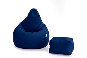 Loft 25 Bean Bag Gamer Chair | Outdoor Indoor Living Room BeanBag Seat | Water Resistant | Ergonomic Design for Body Support | Durable & Comfortable (Bean Bag + Footstool, Navy Blue)