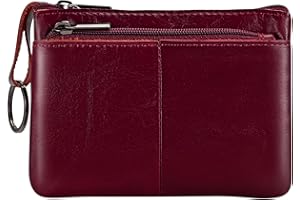 Lidwot Genuine Leather Coin Purse Wallet Mini Zip Change Purse Wallet Coin Pouch with Key Chain 3 Zippers, Wine Red, Wallet Coin Pouch With Key Chain 3 Zippers