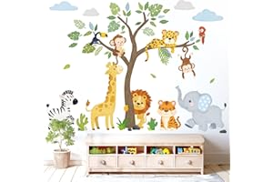 DECOWALL SG2-2418 Jungle Animals Tree Wall Stickers Elephant Giraffe Lion Safari Wall Decals Kids Nursery Baby Bedroom Living Room Home Décor