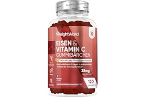 ‎WEIGHTWORLD Eisen & Vitamin C Gummibärchen - 2 Monate Vorrat - Nur 2 Gummies pro Tag - 120 Gummies - 28mg Iron & 10mg Vit C - Eisen & Vitamin C tragen zu einem normalen Energiestoffwechsel bei(EFSA) - WeightWorld