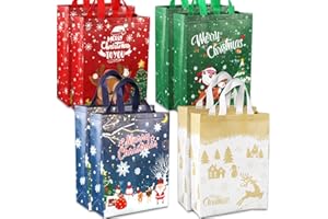 VOLSHA 8 Pack Christmas Reusable Grocery Bag,Large Tote Bag with Handle, Gift Present Bag, Shopping Bag for Holiday Xmas Event Party