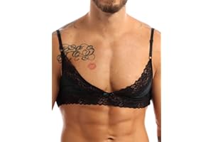 Yeahdor Men's Sissy Lingerie Floral Lace Trim Wire-Free Unlined Triangle Bralette Push Up Bra Top