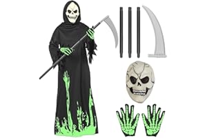 Tosekry Deguisement Halloween Enfant Deguisement Halloween Garcon, Costume Halloween Enfant avec Combinaison Phosphorescente, Masque en Latex Phosphorescent, Gants et Faucille