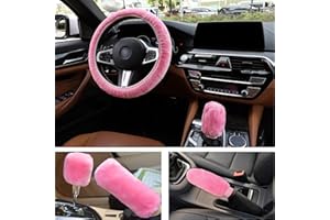 Getyjoe 3 Pcs Fuzzy Caches de Volant Universelle Couvre Volant Le Frein à Main et Le Levier de Vitesse Couvercle de Protection du Volant d'hiver Accessoires de Voiture 35-39 cm(Rose)