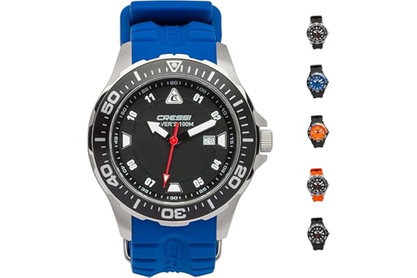 CRESSI Manta Montre de Plongée Homme et Femme, Boîtier en Acier Inoxydable, Verre Cristal, Bracelet en Caoutchouc, Lunette Unidirectionnelle, Mouvement Quartz, 10 ATM