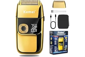 Kemei Rasoir électrique pour homme, tondeuse à barbe rechargeable sans fil, lavable, USB, affichage LED, rasoir en feuille de titane avec étui de transport