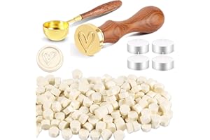 Foonii 200 Stück Siegelwachs Perlen Set Wachssiegel Stempel mit 1 Siegelstempel, 1 Schmelzlöffel, 4 Teelichte | Siegellack Perlen Set für Umschlag/Einladungen/Karten/Geschenk (Herz,Dunkelweiß)