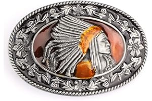 Longcreek Hebilla de cinturón de cabeza india de nativos americanos para hombres, hebilla de cinturón de cabeza de guerrero indio, Hebilla de cinturón de marca de agua de cabeza india