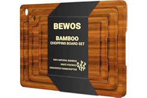 BEWOS Set di 3 Taglieri in Legno con Foro di Sospensione - Taglieri Bamboo con Maniglie e Scanalature per Succhi - Tagliere da Cucina in Legno Ideale per Carne, Verdure, Formaggi e Pane