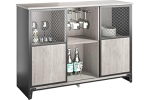 ‎BESTIER Bestier Industrie Bar-Schrank für Spirituosen und Gläser mit schiebbarer Metallgittertür Küchenbeistelltisch Buffet mit Weinregal und verstellbarem Regal Home Bar Möbel Grau