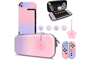 DLseego Étui de Transport pour Switch 2,Pochette de Transport et de Rangement avec Robuste Coque de Protection,Capuchon de Poignée de Pouce et 1 Breloque Fleur,Rose+Violet