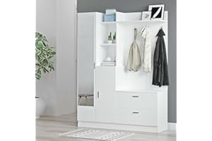 Dmora - Mobile da ingresso Homam, Entratina appendiabiti, Composizione per atrio, Consolle portaoggetti multifunzione, 140x37h182 cm, Bianco