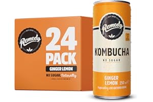 Remedy Raw Kombucha Tea - Sparkling Live Cultured Drink - Sugar Free Ginger Lemon - 250ml Can (24 Pack)