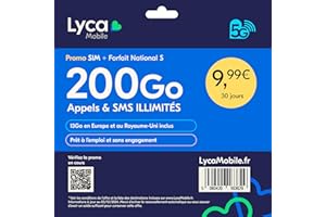 Lycamobile Carte SIM Prépayée France – Forfait National S – 200Go Internet, Appels et SMS illimités – 13Go en Europe/UK – Renouvelable après 30 Jours – sans Engagement