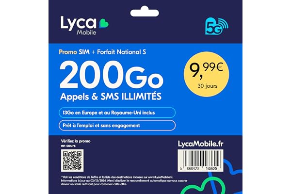 Lycamobile Carte SIM Prépayée France – Forfait National S – 200Go Internet, Appels et SMS illimités – 13Go en Europe/UK – Renouvelable après 30 Jours – sans Engagement