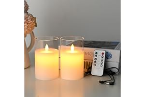 Lonkenn 2 pezzi Candele LED Ricaricabili, Fiamma Tremolante Candela LED con Bianco Vetro, Ricaricabili Candela con Telecomando e Timer per Natale Feste Decorazione Casa Matrimonio -10cm