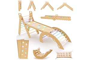 Duanico 9en1 Triangle de Pikler Montessori Large, 5 Angles Ajustables, Parcours de Motricité Bébé & Enfant 1 à 7 Ans avec Arche Escalade et Structure évolutive en Bois Interieur et Extérieur