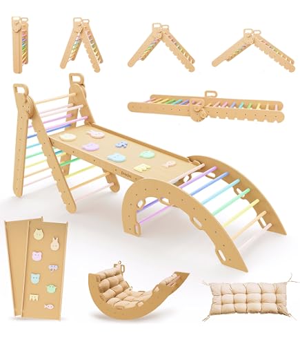 HOMASIS 3 en 1 Structure à Grimper Montessori Multifonction, Triangle d'escalade avec Toboggan, Arc, Jeu d'escalade avec Slide d'Apprentissag pour Enfants de 1 an+ (Blanc