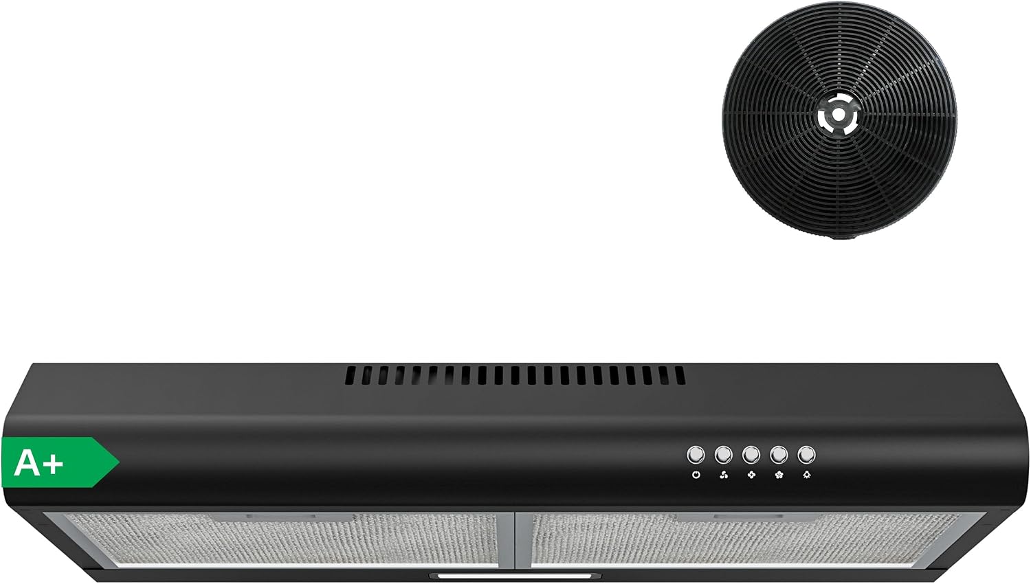 FIREGAS 60cm Black Cooker Hood, 250m³/h Kitchen Extractor with Push Button Control, 3 Speeds, Quiet Brushless Motor, A+ Energy Rating, LED Light, Ducted or Recirculation