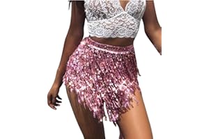 Yienate Sexy Belly Dance Fringed Sequin Skirt Hip Tassel Scarf Beach Sparkle Wrap Summer Rave Costume for Women and Girls