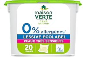 Maison Verte - Lessive - Capsules 0% Allergènes - Peaux Très Sensibles - Sans Parfum - Ecolabel - 20 lavages
