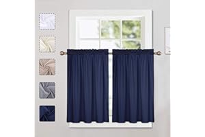 LinTimes Zestaw 2 krótkich zasłon kuchennych, zasłony na małe okno, z wytłoczonym górnym rozcięciem, wodoodporne, 76 x 91 cm, granatowe, zestaw 2 sztuk