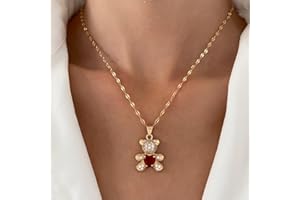 Wendalern Cubic Zirconia Bear Necklace Red Heart Crystal Teddy Bear Necklace Cute Animal Bear Pendant Necklace Gold Thin Chain Necklace Jewelry for Women Girls Kids