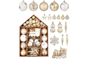 SINLAW Set di 70 Palline di Natale, Decorazioni Albero di Natale per uso Esterno e Interno,Addobbi Natalizie per Albero Natale,Riutilizzabile,Palline di natale bianche e oro,Palle di Natale con Cordino（Oro）