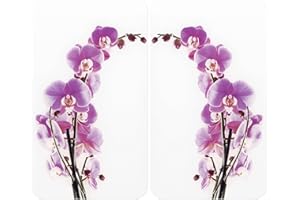 WENKO Protection plaque de cuisson "Fleur d'orchidée" en verre trempé | Pour toute plaque | Couvre plaque de cuisson, planche à découper, extension plan de travail | Lot de 2 | 52x30cm | Multicolore