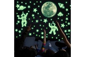 SINEKONG Etoiles Phosphorescentes Plafond Sticker Mural Lumineux Espace Astronaute Lumineuses Système Solaire Planètes Lune Et Etoile Phosphorescent Stickers muraux pour Chambre Enfant Bébé Plafond Décor Vert
