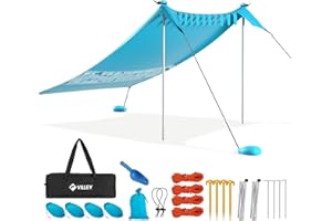 VILLEY Namiot przeciwsłoneczny 2 x 2,4 m, niebieski, UPF50+, ochrona przed UV, lycra, dla 3 osób, parasol, workiem z piaskiem, 2 pręty