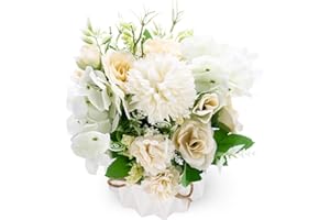 YIBAIJIA Artificial Flowers with Vase, Realistic Hydrangea Roses Silk Flowers Arrangements, Fake Flowers in Pot for Home Decoration, Wedding Table, Window, Living Room, Bedroom, Office, Party Deco(White)