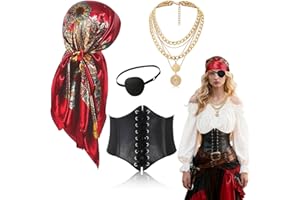 FOUNSHO 4PCS Costumi da Pirata Donna Bandanas Sciarpa Benda per Gli Occhi Corsetto Medievale Cintura Collana Pirata Accessori Donna Carnevale Halloween Cosplay Gioco di Ruolo Costumi Medievali