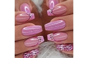 TMUT 24pcs French Tip False Nails Short Coffin Stick on Nails Pink Purple Glitter Press on Nails Removable Glue-on Nails Full Cover Fake Nails Women Girls Nail Art Accessories