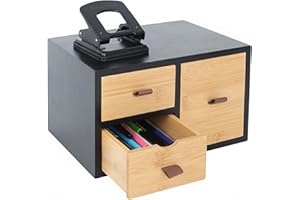 Relaxdays Schubladenbox Bambus & MDF, 3 Schubladen, Schlaufen, HBT: 15x25x20 cm, Schreibtisch Organizer, schwarz/Natur