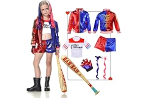 WELLCHY Enfants Déguisement Quinn Costume, 6 pcs Enfants Harlequin Outfit, Cosplay Harley Quinn Costume Enfants con Short, Manteau, T-Shirt, Gants, Baseball Gonflable pour Carnaval