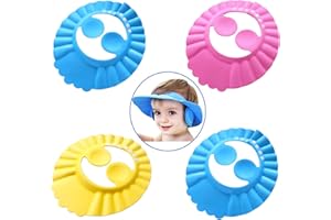 4 pièces Bonnet de Douche Bébé,Chapeau Douche Bébé,Réglable Visière Bonnets de Bain,Chapeau de Protection pour bébés et Enfants(Bleu,Rose,Jaune)