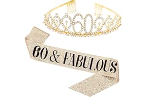 Leixi 60 and Fabulous Sash & Rhinestone Tiara Kit - 60th Birthday Sash 60 Birthday Gifts Party Favors, Supplies and Decorations (Gold)