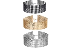 TPOCEAN Topocean Mehrfarbig Verstellbarer 3.5CM Rhinestone Kristall Choker Halsband Set Breit Collar Chic Schmuck Choker für Frauen Dame Geschenk, 3 Stück (Schwarz, Gold, Silber)