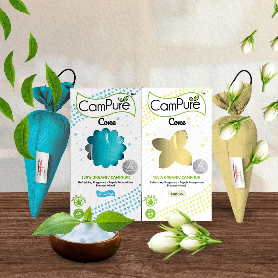 CamPure Camphor Cone (Original + Mogra) Pack Of 2 - Room, Car and Air Freshener & Mosquito Repellent