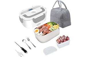 Nifogo Fiambrera Eléctrica 60W Calentador de Comida Electrico 12/24/220V Fiambreras Comida Trabajo 1,5L para Coche/Camión con Dos Compartimentos y Gris Bolsa de Aislamiento(Gris)