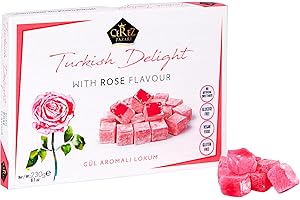 ÇEREZ PAZARI Cerez Pazari Turkish Delight with Rose Flavour 230g Gourmet Small Size Snacks Gift Box, No Nuts Sweet Traditional Vegan Soft Candy Dessert