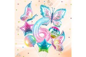 PARTYHAUSY Butterfly 6 Balloons Set 6th Birthday Party for Girl,8Pcs Butterfly Birthday Party Decoration,Number Balloon 6 and Colorful Butterfly Balloons 6th Birthday Party Supplies Decor