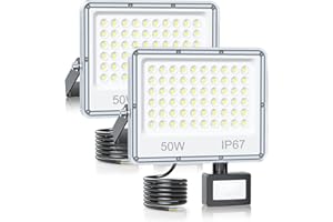 YIQIBRO Security Lights Outdoor Motion Sensor 50W - 5000LM IP67 Waterproof LED Security Lights with Motion Sensor Mains Powered, 7000K Cold White Pir Floodlight Outdoor for Garden, Patio(2 Pack)